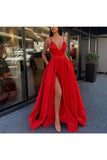 Cheap A Line Satin Spaghetti Straps V Neck Prom Dresses With Pockets High Slit Formal Dress Rjerdress