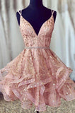 Cheap A Line Spaghetti Straps Lace up V Neck Pink Homecoming Dress with Sequins H1277