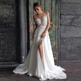 Cheap A-Line Top Lace Appliques Chiffon Cap Sleeves  Side Slit  Wedding Dresses