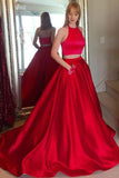 Cheap A Line Two Piece Long Red Satin Halter Sleeveless Prom Dresses with Pockets RJS129