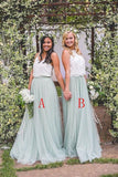 Cheap A-Line Two Pieces Ivroy And Mint Long Flowy Simple Bridesmaid Dresses Rjerdress