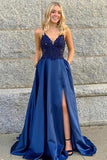 Cheap A Line V Neck Spaghetti Straps Prom Dresses With Slit, Satin Formal Gowns