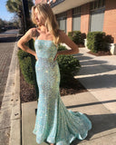 Cheap Blue Spaghetti Straps Square Mermaid With Lace Up Sequin Prom Dresses RJS121 Rjerdress
