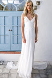 Cheap Boho V Neck A Line White Lace Chiffon Backless Sash Beach Wedding Dresses