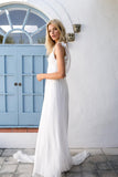 Cheap Boho V Neck A Line White Lace Chiffon Backless Sash Beach Wedding Dresses Rjerdress