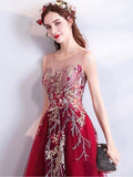 Cheap Burgundy Long Prom Dresses Lace Applique Military Ball Gown Formal Dress Rjerdress