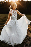 Cheap Charming Lace White Halter Sleeveless Wedding Dresses Chiffon Beach Wedding Gowns