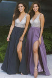 Cheap Chiffon Long Prom Dresses Side Slit V Neck Beaded Prom Dresses uk RJS428 Rjerdress