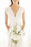Cheap Elegant A-line V-neck Ruffles Floor-length Chiffon Cap Sleeves Long Wedding Dresses Rjerdress