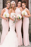 Cheap Elegant Long A-Line Halter Pink Satin Mermaid Bridesmaid Dresses Rjerdress