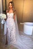 Cheap Lace Sweetheart Sleeveless Boho Wedding Dresses Slit Beach Bride Gowns