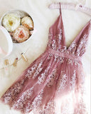 Cheap Light Purple Lace Appliqued Spaghetti Straps Deep V Neck Homecoming Dresses H1237 Rjerdress