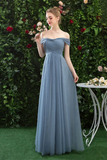 Cheap Off The Shoulder Tulle Long Prom Dress With Short Sleeves, Simple Bridesmaid Dresses Rjerdress