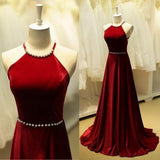 Cheap Pearl High Quality Gorgeous A-Line Satin Halter Backless Floor-Length Prom Dresses RJS179 Rjerdress