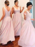 Cheap Pink A Line V Neck Ruched Chiffon Floor Length Bridesmaid Dresses Rjerdress