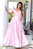 Cheap Pink Satin Off The Shoulder Long Prom Dresses