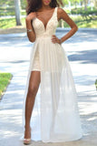 Cheap Popular Backless Sleeveless V-Neck Ivory Lace Side Slit Chiffon Prom Dresses RJS188