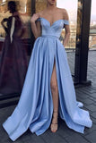 Cheap Simple A Line Blue V Neck Off the Shoulder Satin Long High Slit Prom Dresses RJS59