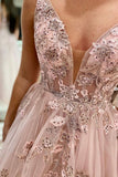 Cheap Tulle Long Prom Dresses Pink Floral V Neck Beaded Prom Dresses RJS428 Rjerdress