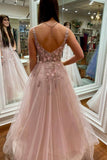 Cheap Tulle Long Prom Dresses Pink Floral V Neck Beaded Prom Dresses RJS428 Rjerdress