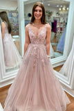 Cheap Tulle Long Prom Dresses Pink Floral V Neck Beaded Prom Dresses RJS428
