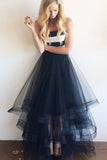 Cheap Tulle Navy Blue and White Stripe Simple Long Sleeveless Strapless Prom Dresses RJS558
