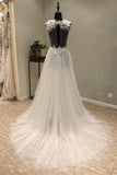Cheap V-Neck Open Back Tulle Ivory Beach Long Appliques A-Line Sleeveless Wedding Dress Rjerdress