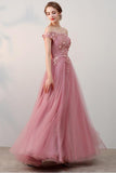 Chic A-Line Off-the-Shoulder Pink Appliques Lace-up Tulle Modest Long Prom Dresses RJS410 Rjerdress