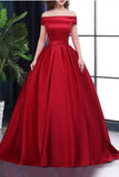 Chic A-Line Off-the-Shoulder Satin Simple Red Sleeveless Lace up Long Prom Dresses RJS182