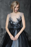Chic A-Line Scoop Black Appliques Sweetheart Tulle Evening Dresses Prom Dresses UK RJS266 Rjerdress