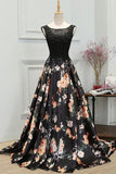 Chic A-Line Scoop Satin Black Lace up Sleeveless Long Flowers Prom Dresses RJS622