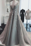 Chic A Line Silver Tulle Prom Dresses V Neck Lace Appliques Long Formal Dresses RJS978