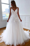 Chic A Line Spaghetti Straps V Neck Tulle Chapel Train Wedding Dresses With Appliques Rjerdress
