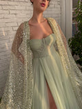 Chic A Line Sweetheart Tulle Sage Long Slit Cape Wraps Prom Dresses Modest Long Evening Gowns Rjerdress