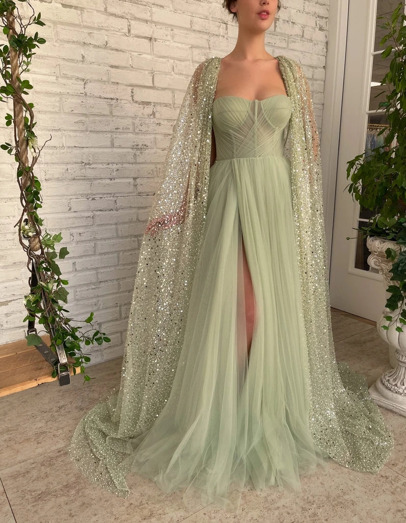 Chic A Line Sweetheart Tulle Sage Long Slit Cape Wraps Prom Dresses Modest Long Evening Gowns Rjerdress