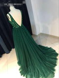 Chic A-Line V Neck Backless Dark Green Tulle Wedding Guest Dresses with Sequins Evening Dresses RJS696 Rjerdress