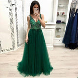Chic A-Line V Neck Backless Dark Green Tulle Wedding Guest Dresses with Sequins Evening Dresses RJS696 Rjerdress