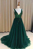 Chic A-Line V Neck Backless Dark Green Tulle Wedding Guest Dresses with Sequins Evening Dresses RJS696