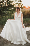 Chic A line V Neck Lace & Tulle Sleeveless Sweep Train Wedding Dresses Rjerdress