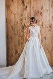 Chic A line V Neck Lace & Tulle Sleeveless Sweep Train Wedding Dresses Rjerdress