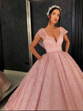 Chic Ball Gown Straps Pink Cap Sleeve Sparkly V Neck Beads Quinceanera Dress with Pockets RJS228 Rjerdress