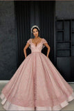 Chic Ball Gown Straps Pink Cap Sleeve Sparkly V Neck Beads Quinceanera Dress with Pockets RJS228