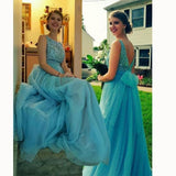 Chic Bateau Sleeveless Floor-Length Backless Beading Prom Dress with Bow RJS599 Rjerdress