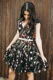 Chic Black Lace Flowers Cap Sleeves Homecoming Dress Unique Graduation Dress H1308 Rjerdress