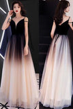 Chic Black Ombre Tulle Prom Dresses Unique V Neck Sleeveless Evening Dresses Dance Dress Rjerdress