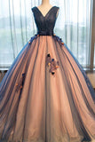 Chic Brown Long Ball Gown V-Neck Tulle Lace up Sleeveless Applique Prom Dresses UK RJS370