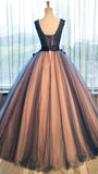 Chic Brown Long Ball Gown V-Neck Tulle Lace up Sleeveless Applique Prom Dresses UK RJS370 Rjerdress