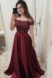 Chic Burgundy Off the Shoulder Floor Length Satin Lace Prom Dresses with Beads RJS629