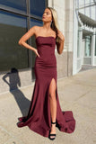 Chic Burgundy Strapless Mermaid Sweep Train Prom Dresses With Slit
