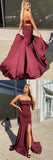 Chic Burgundy Strapless Mermaid Sweep Train Prom Dresses With Slit Rjerdress